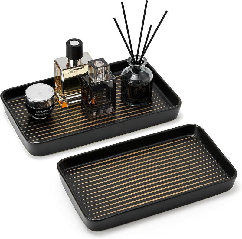 Pottify Bathroom Vanity Tray for Countertop,2PC Rectangle Striped Tray,Decorative Bathroom Organizer for Scrubber, Lotion Bottles, Perfume, Jewelry, Candle, Key Trinket Ring(Large,Black) - Image 1